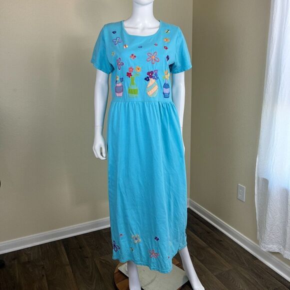 Michael Simon Lite Women's Size M Blue Cotton Floral Embroidered Maxi Dress VGT - Picture 10 of 13